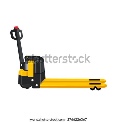 Vector illustration of electric pallet jack with handle and forks, industrial equipment for warehouse and logistics, perfect for design and technical backgrounds.