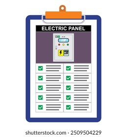 Vector illustration of electric panel distribution board safety inspection checklist document. Paper board holder with green checkmark item point of checking.