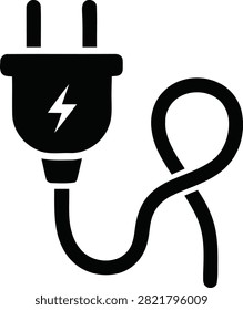 Vector illustration of an electric plug icon with a power cord, representing electricity, energy, and connection, isolated on white background.