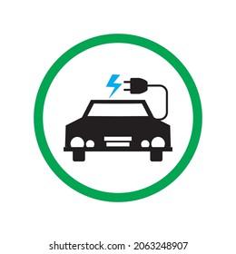 Vector illustration of electric powered car and charging point icons. Circle logo sign.