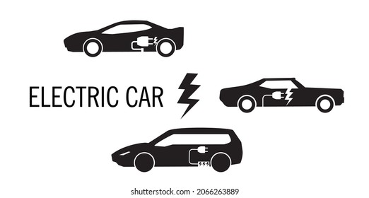 Ilustración vectorial de los iconos de los puntos de carga y de los coches eléctricos. Aislado sobre fondo blanco.