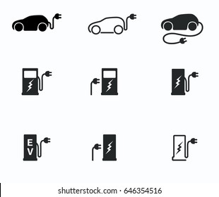 Vector illustration of electric powered car and charging point icons