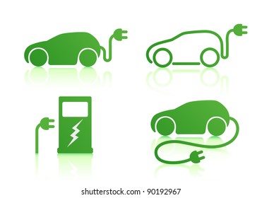 Ilustración vectorial de los iconos del camión eléctrico y del punto de carga