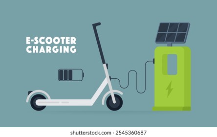 Ilustración vectorial de un scooter eléctrico conectado a una estación de carga de energía solar con un ícono de batería que indica el nivel de Recargo. СConcepto de energía verde, transporte sostenible y movilidad eléctrica