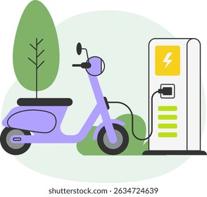 Vector illustration of an electric scooter connected to a charging point, representing modern urban mobility and environmental consciousness.