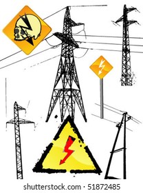 vector illustration with electric towers collection isolated on white background and signs cautiously high voltage