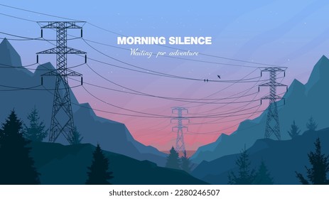 Vector illustration. Electric towers, wires. Metal structures. Energy sphere. Electricity. Morning landscape.