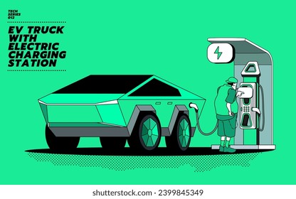 Vector illustration of a electric truck with a man at EV charging station. A pickup electric car vector graphic illustration isolated on background.