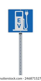 Vector illustration of the Electric Vehicle Charging Station parking  blue sign on metallic post