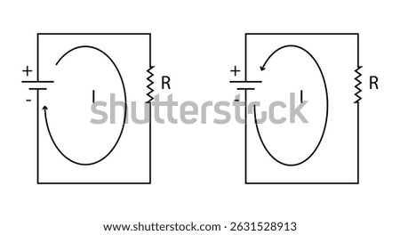 Vector illustration of electrical circuit showing conventional and actual direction of electric current.