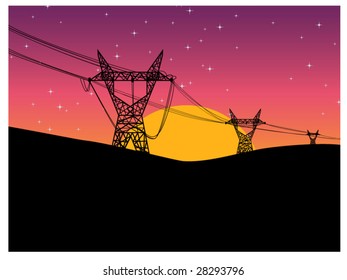 vector illustration of electrical towers silhouetted against a sunset..