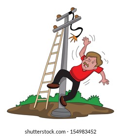 Vector illustration of electrician falling down from ladder after an electric shock.