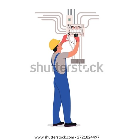Vector illustration of an electrician repairing an electrical panel.Cartoon scene of an electrician in a blue overalls, yellow helmet, gloves, holding a tool, inspecting,replacing an electrical panel.
