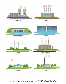 Vector illustration of electricity & energy sources nuclear, thermal, tidal & renewable energy sources. 