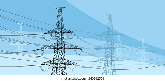 Vector illustration of electricity pylons on blue background