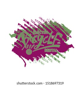 Vector illustration of electro bicycle rental lettering for banner, leaflet, poster, logo, advertisement design. Handwritten text for template, signage, billboard, printing, price list, flyer
