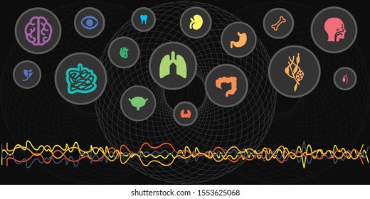 vector illustration of electromagnetic waves influence concept with concentric circles and human body organs symbols  svg