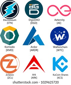 Vector Illustration Of Electroneum, DigixDAO, Aeternity, KOMODO, Ardor, Waltonchain, Zclassix, Ark, KuCoin Shares Cryptocurrency Coin / Virtual Money Icon / Logotype Set / Collection In Color