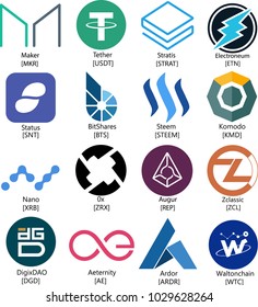 Vector Illustration Electroneum, DigixDAO, Aeternity, Komodo, Ardor, Waltonchain, Zclassix, 0x, Stratis, Status, Nano, Augur, Steem, Tether, BitShares, Maker Cryptocurrency Coin/Virtual Money Icon Set