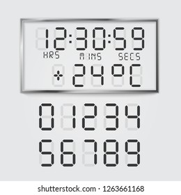 Vector illustration of electronic alarm black clock digital font numbers and temperature isolated on white background
