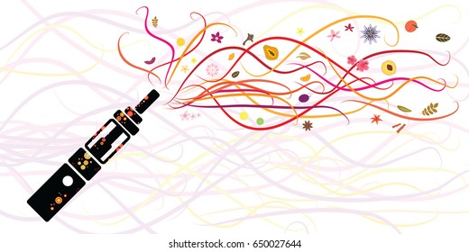 vector illustration of electronic cigarette with flower and fruit aromatization ingredients scent