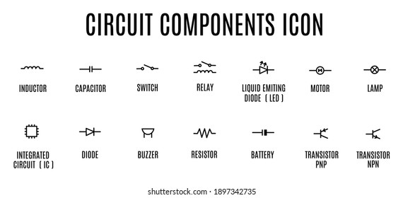 vector illustration of electronic component symbol icons, with component names.  minimalist flat design in black and white.