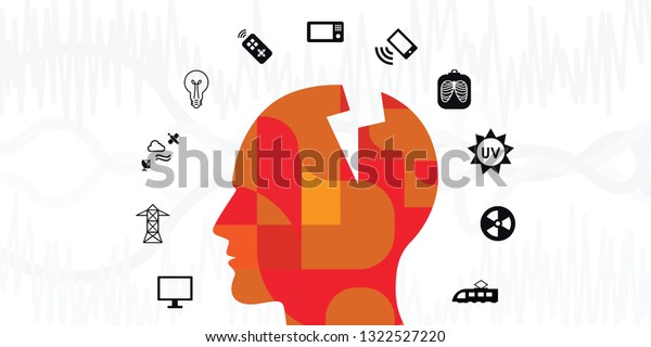 vector illustration of electronic devices with\
electromagnetic radiation spectrum around humans head for\
electrosensitivity\
syndrome
