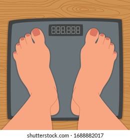Vector illustration of electronic floor scales and female legs. Cartoon drawing woman controls body weight.