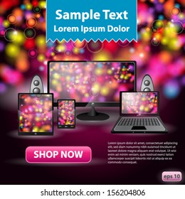 Vector illustration of electronic gadgets - LCD screen, smartphone, laptop, speakers shopping offer template