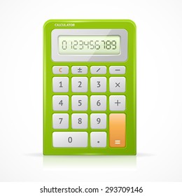 Vector illustration of electronic green calculator isolated on a white background.