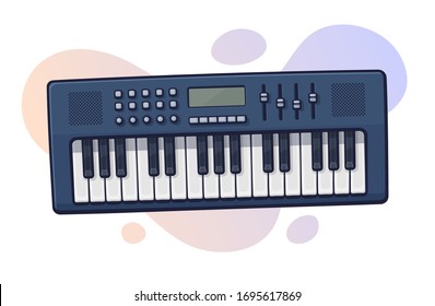 Vector illustration. Electronic keyboard musical instrument synthesizer. Modern electro piano. Pop, disco, dance, jazz equipment. Clip art with contour for graphic design. Isolated on white background