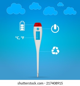 Vector illustration of electronic medical thermometer. Infographic for the gray digital medical thermometer with blue display and instruction. Isolated vector illustration on blue.