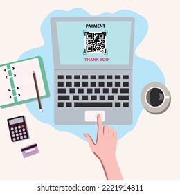 Vector illustration electronic payment and qr code for transaction on laptop screen. Electronic payment with qr code concept. 