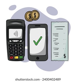 Vector illustration of electronic payments using terminal, smartphone, mobile applications and bank cards