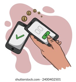 Vector illustration of electronic payments using terminal, smartphone, mobile applications and bank cards