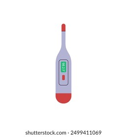 Vector illustration of an electronic thermometer on a white isolated background. This medical device accurately measures body temperature. This is important for first aid scenarios. Flat style.