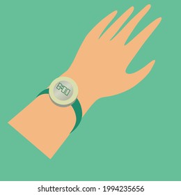 Ilustración vectorial - reloj de pulsera electrónica en la mano muestra la hora a las 8 en punto sobre un fondo verde. Puede utilizarse para presentaciones, materiales publicitarios, pegatinas e instrucciones