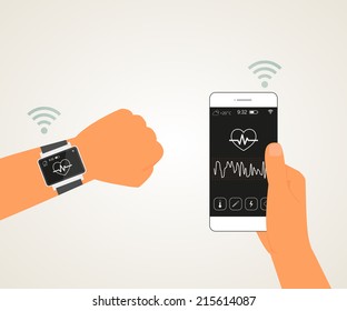 Vector illustration of electronic wrist watch controlling heartbeat connected with smartphone