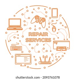 Vector illustration Electronics repair Laptop, printer, gamepad, joystick, router, cell phone, computer service. Online Internet Technical Support. Broken device. Diagnostic Upgrading Fixing Check