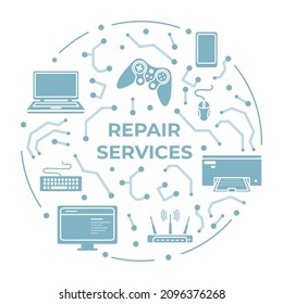 Vector illustration Electronics repair Laptop, printer, gamepad, joystick, router, cell phone, computer service. Online Internet Technical Support. Broken device. Diagnostic Upgrading Fixing Check