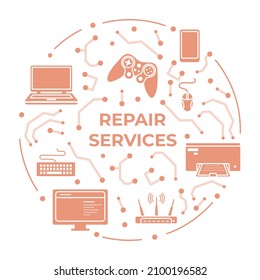 Vector Illustration Electronics Repair Laptop, Printer, Gamepad, Joystick, Router, Cell Phone, Computer Service. Online Internet Technical Support. Broken Device. Diagnostic Upgrading Fixing Check