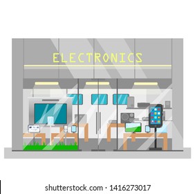 Vector Illustration Of Electronics Shop Exterior. Electronic Devices Store. Flat Style. Shop Showcase.