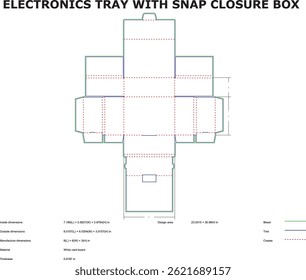 Vector illustration of an electronics tray with snap closure design, including dimensions, trim lines, and crease indicators on white background.
