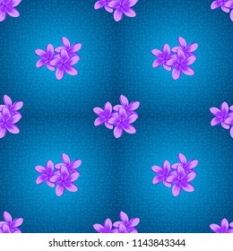 Vector illustration. Elegance seamless pattern with floral motifs in violet, pink and blue colors. Decorative plumeria flowers repeating pattern.