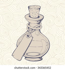 Vector illustration of elegant beautiful vintage bottle on curly background. Hand drawn linear art