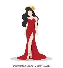 Vector illustration of an elegant beauty queen in beautiful red evening gown with golden crown on white background