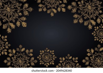Ilustración vectorial. Elegante fondo negro de Navidad con brillantes copos dorados de nieve. Cartel festivo, marco de copos de nieve dorados. Copiar espacio para texto.