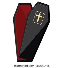 Vector illustration elegant black coffin with cross. Opened coffin with red cloth inside