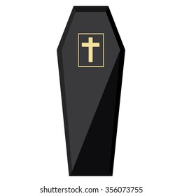 Vector illustration elegant black coffin with cross. Closed coffin