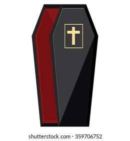 Vector illustration elegant black coffin with cross. Opened coffin with red cloth inside